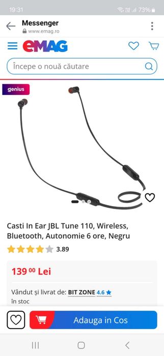 Casti In Ear JBL Tune 110, Wireless, Autonomie 6 ore, Negru, noi