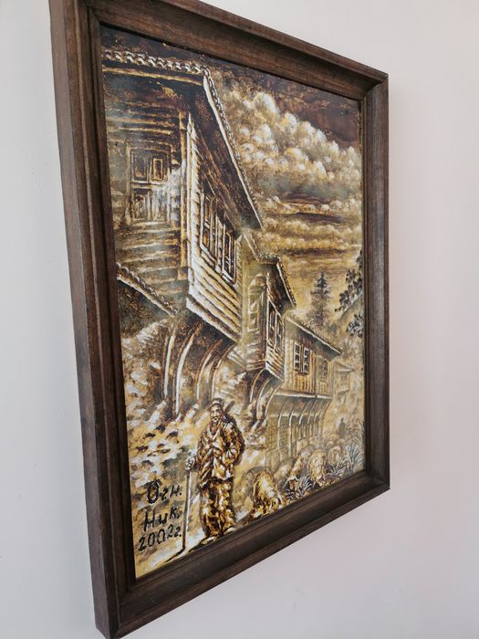 Картина върху платно Овчар с овце през стария град