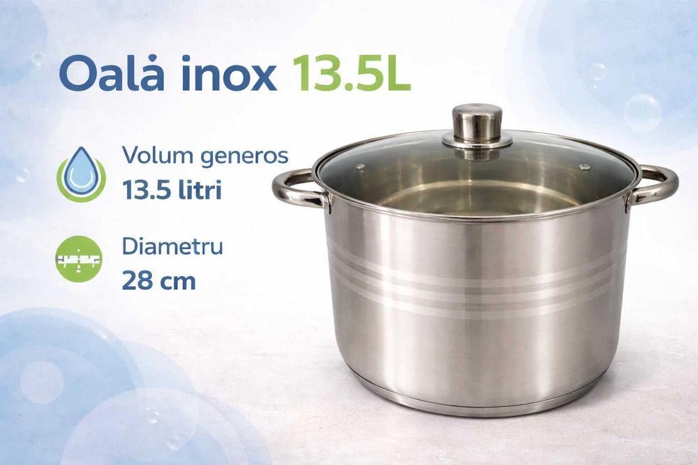 Oala inox 13.5 litri cu capac de sticla pentru gatit practic