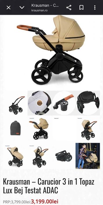 Cărucior copii 3 în 1,sport+landou+scaun auto.Krausman Topaz Lux.
