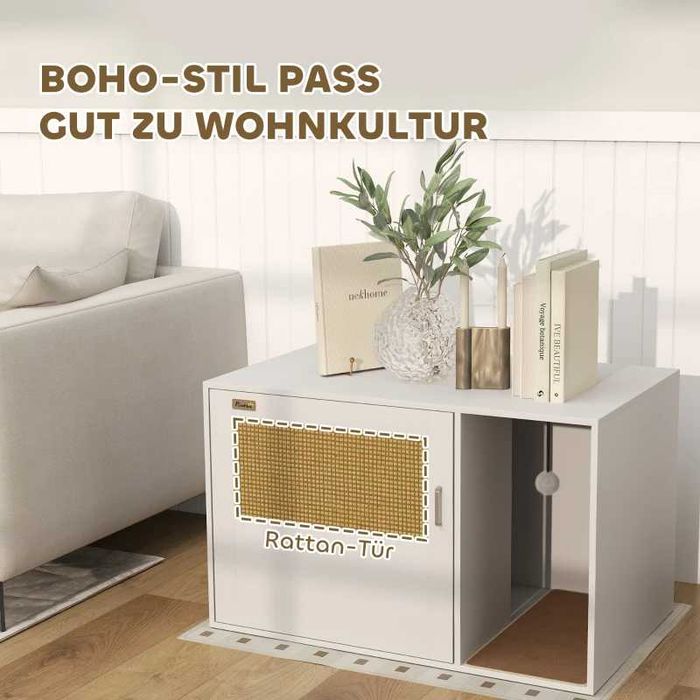 PawHut Шкаф за котешка тоалетна с подложка за драскане, врата от ратан