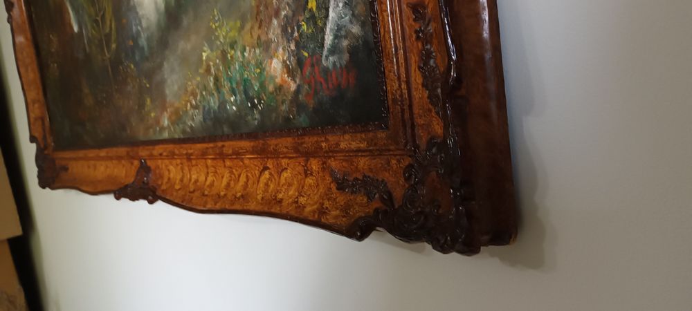 Tablou mare peisaj cu cascadă, semnat Gh. Rusu – Ramă masivă din lemn