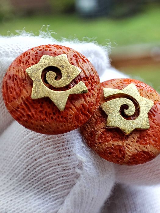 Cercei Aur 14K Cu Coral Organic Recif Natural Spirala Soare Celestial