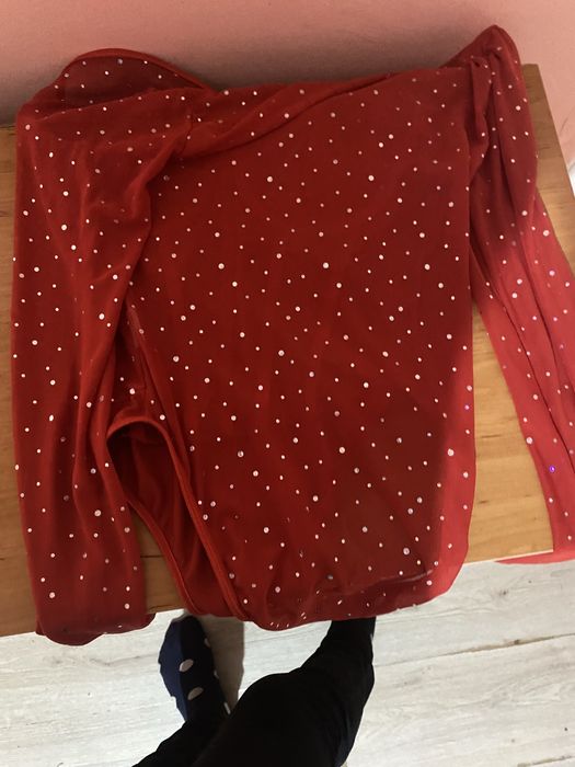 Ефектно червено боди с камъчета | Блестящо | XS/S