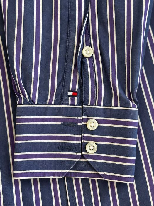 Cămașă Tommy Hilfiger bărbați, dungi bleumarin-alb-mov, 80’s Two Ply Cotton, mărimea XL