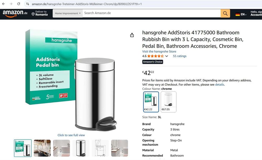 Coș de gunoi pentru baie hansgrohe AddStoris 41775000