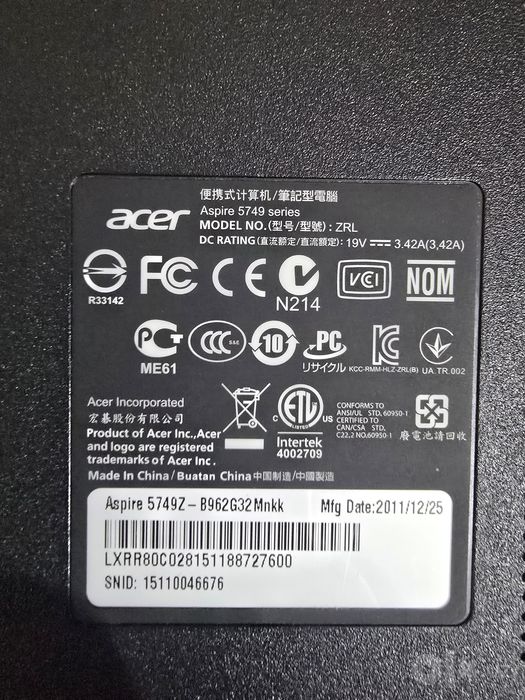 Ноутбук ACER ASPIRE 5749Z
