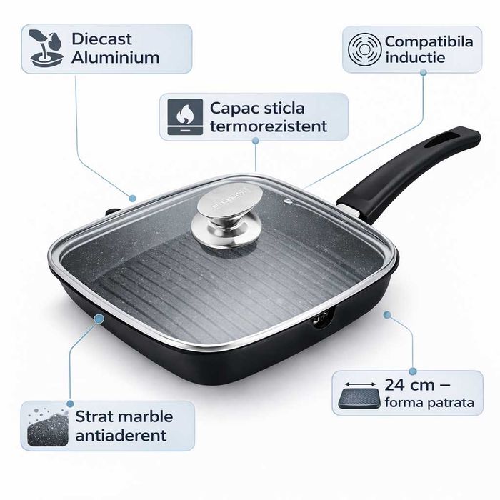Tigaie grill patrata Royalty Line 24 cm cu capac sticla