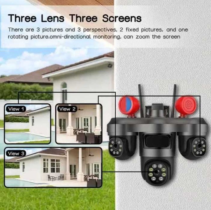 Соларна камера LYLU със SIM карта 4 лещи 26 диода и аларма V380 Pro