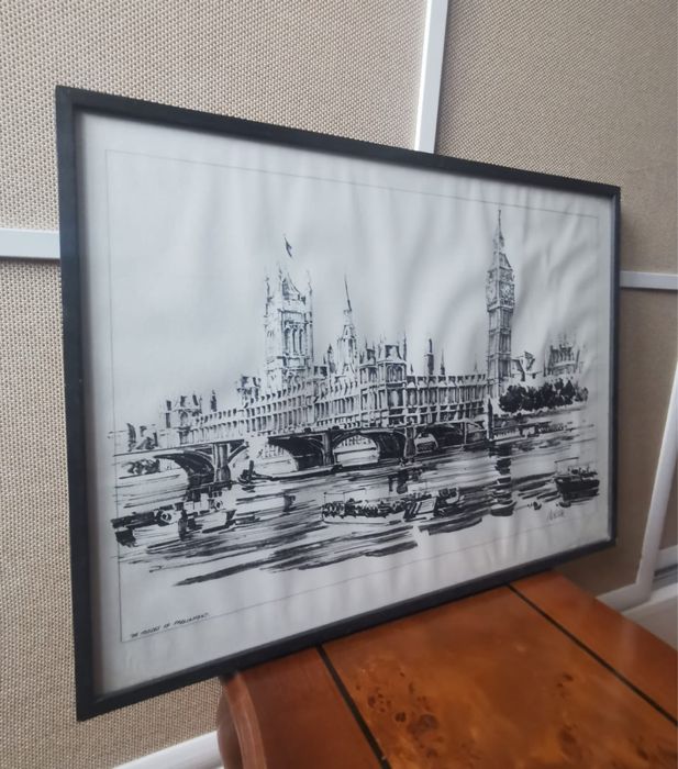 Антикварна картина в рамка и паспарту литография гравюра 38,5 х 52,5см