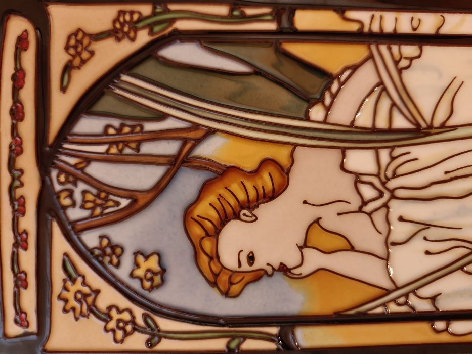Placă ceramică decorativă mare în stil Art Nouveau – Plachetă elegantă de perete 40×20 cm