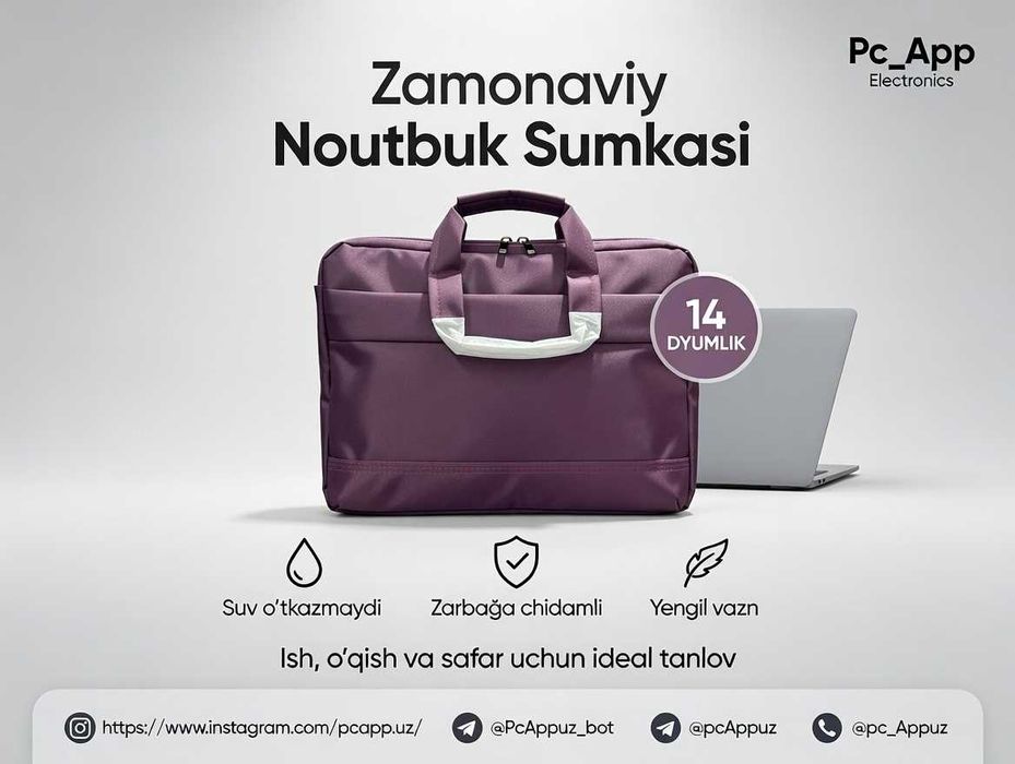 Noutbuk sumka 14″–15.6″, sifatli va mustahkam