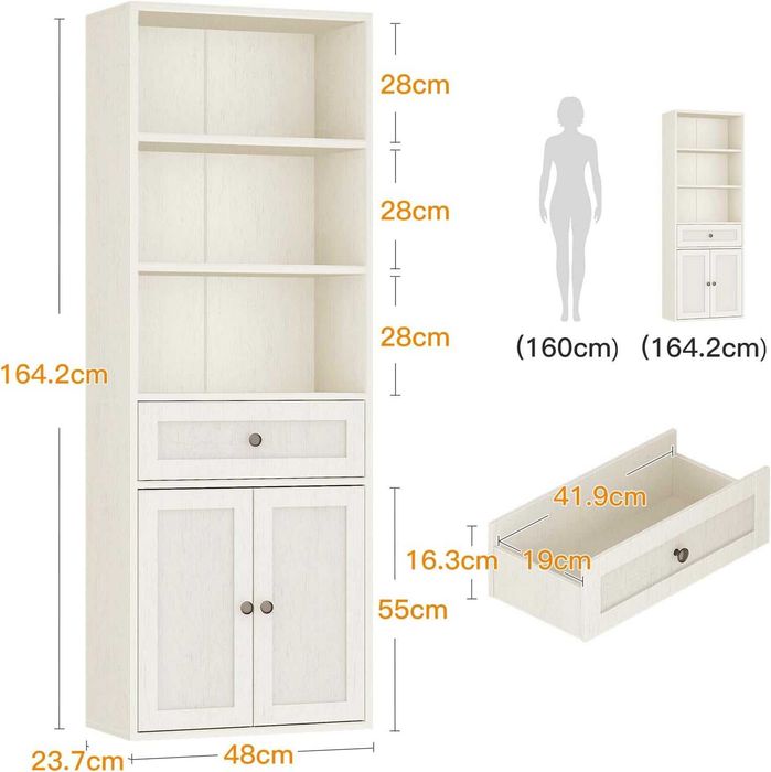 Bibliotecă Coleshome cu uși și sertar, 5 niveluri, Alb, 164 cm