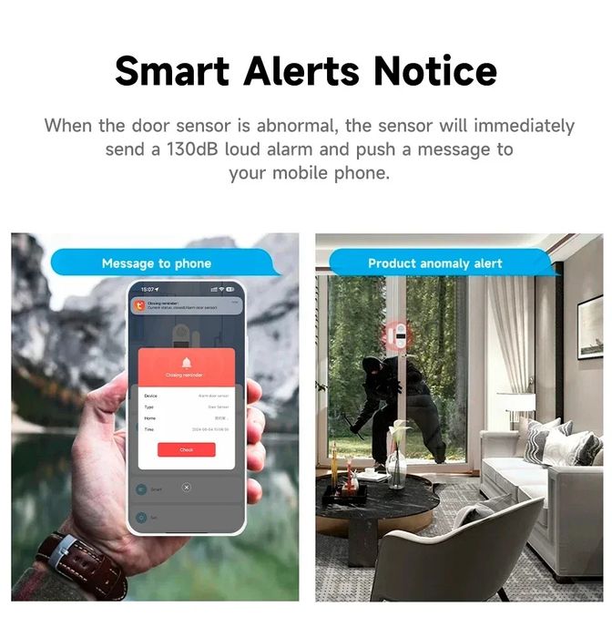 Tuya WiFi сензор за врата/прозорец с опция 130dB звукова аларма