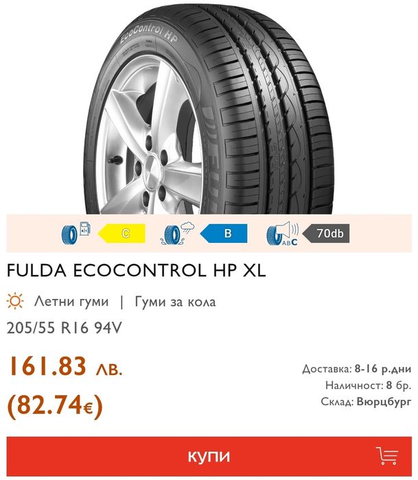 1бр. лятна гума 205/55/16 Fulda Eco Control HP, дот22
dot22
8mm грайфе