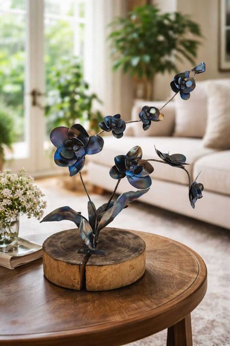 Метална орхидея върху дървена основа – уникална декорация 50×60 см