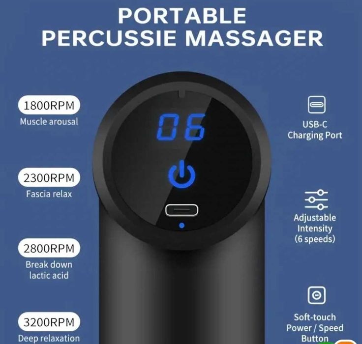 Масажор Безжичен Масажен Пистолет с LED, 4 приставки и 32 Степени