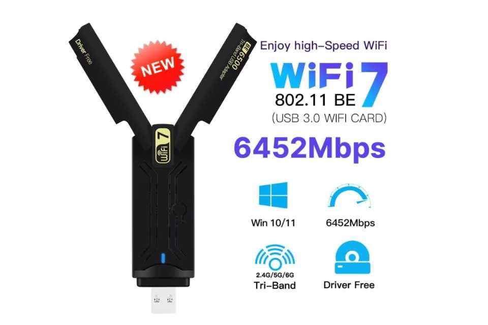 Adaptor USB WiFi 7 BE6500 Tri-Band 6G/5G/2.4G WPA3 streaming 8K latență scăzută, NOU