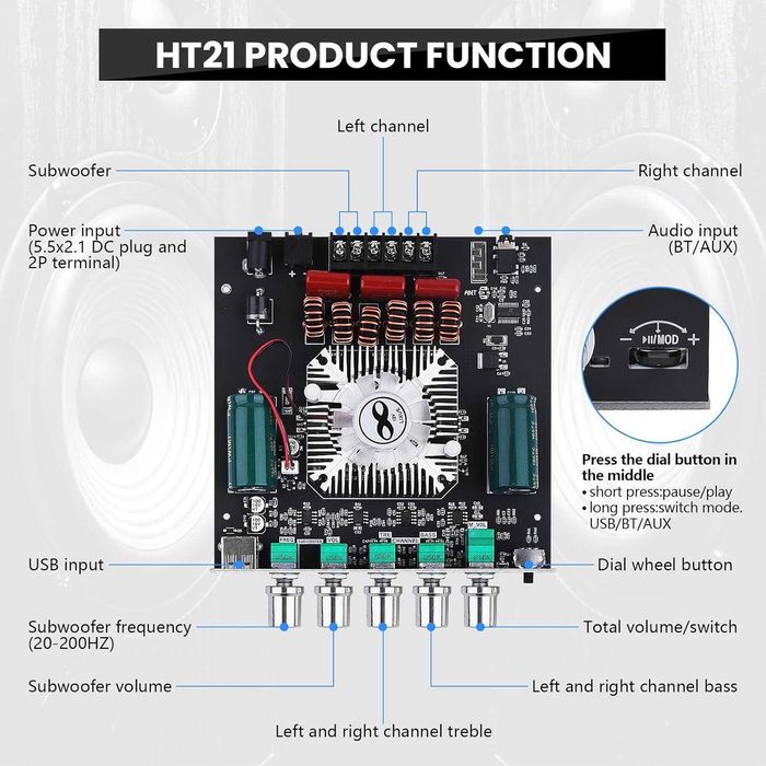 аудио Усилвател 2+1  2x160 W + 220 W  субуфер Bluetooth TDA7498E Chip