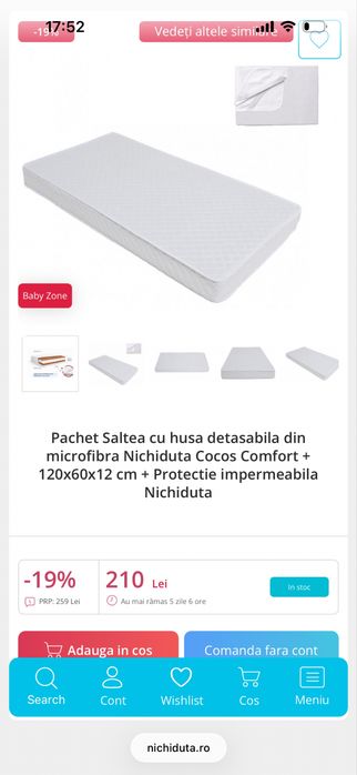 Patut bebe din lemn cu ladita de depozitare si saltea cu husa detasabila si husa de protectie de
