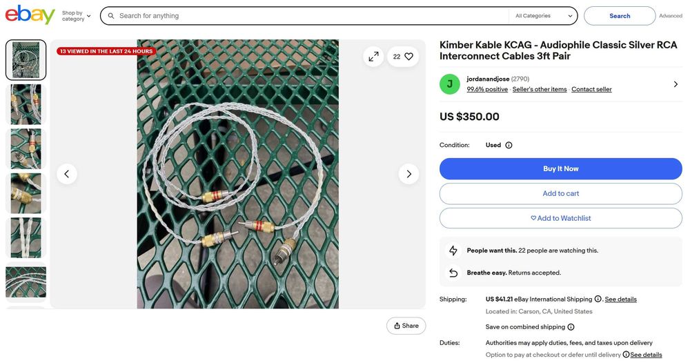 Kimber Kable KCAG - Audiophile Classic Silver RCA Interconnect Cables