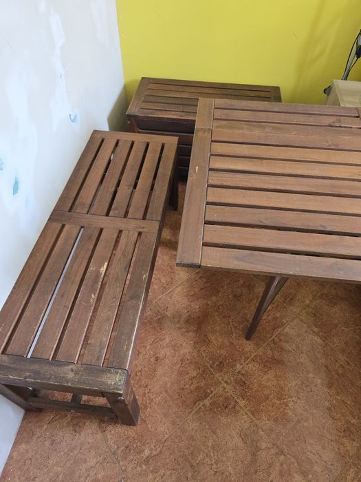 Дървен градински комплект IKEA ÄPPLARÖ – Маса + 2 Пейки (Едната с ракла)