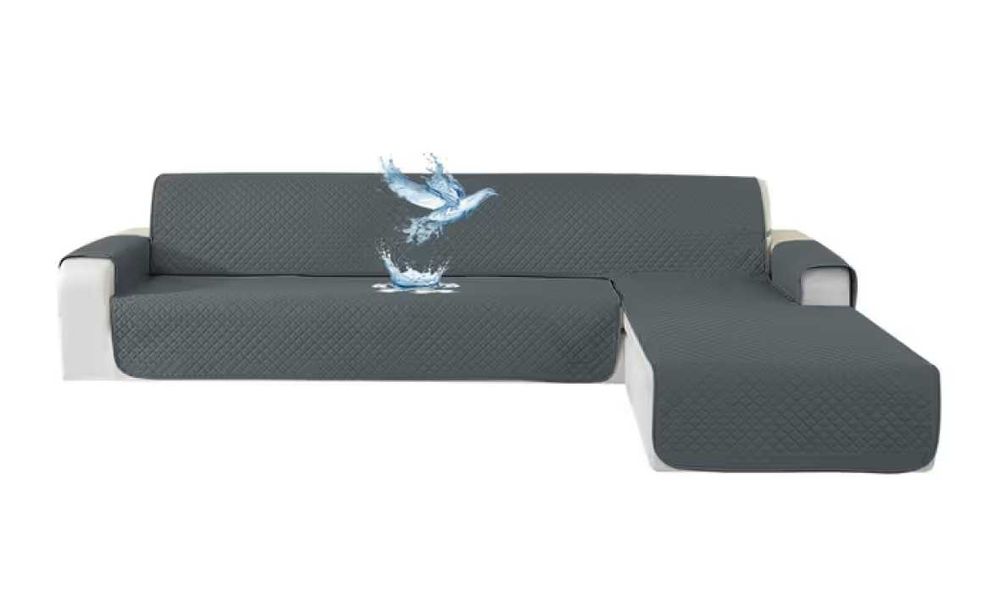 Husa canapea coltar 2 locuri impermeabila - L-shape, anti-alunecare, gri inchis