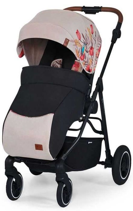 Лятна бебешка количка Kinderkraft - All Road, бежова с цветя и птички, детска количка, комарник, дъждобран, зимно чувалче