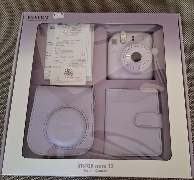 Комплект Fujifilm - Instax Mini 12, фотоапарат, албум, калъф,  цвят лилав, с гаранция