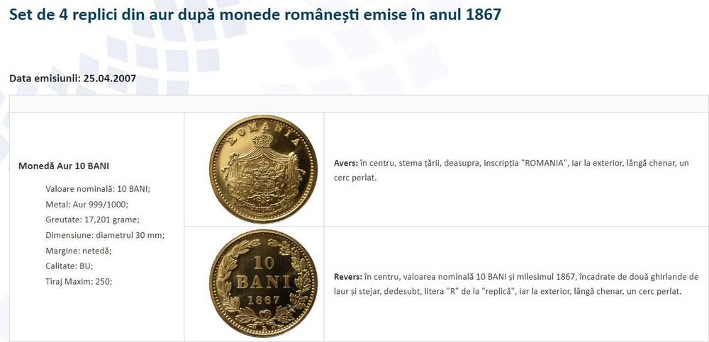 Moneda aur 10 bani 1867, replica BNR 2007, gradata NGC MS 66