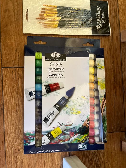 Set pictura: 2x panze, pensule, culori acrylice, suport tablou