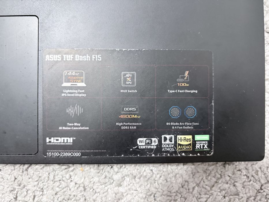 ASUS TUF Dash F15, Intel i5 12450H, RTX 3050, 32gb RAM, 1.5tb SSD.