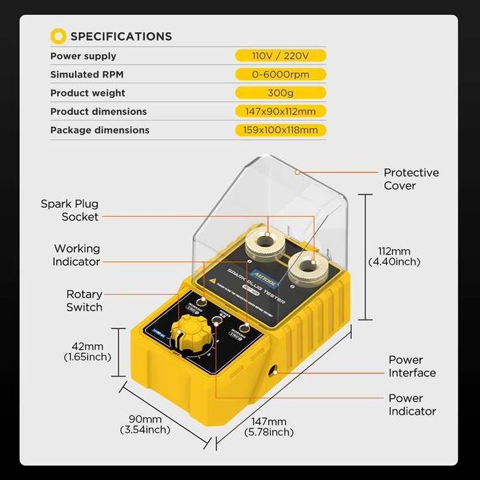 Тестер за свещи AUTOOL SPT105, 0-6000RPM с регулируема височина