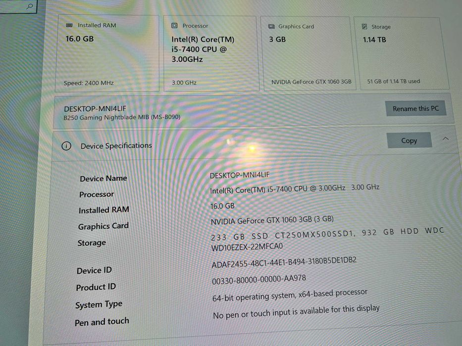 Геймърски i5 7400/GTX 1060 3gb/16gb рам/SSD+HDD 1.25tb/MSi Nightblade