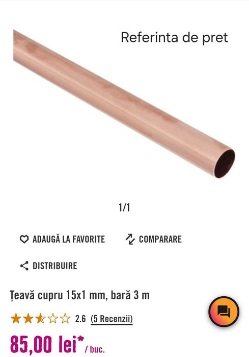 Vand teavă de Cupru 15mm si 18mm grosime 1mm lungime 3m