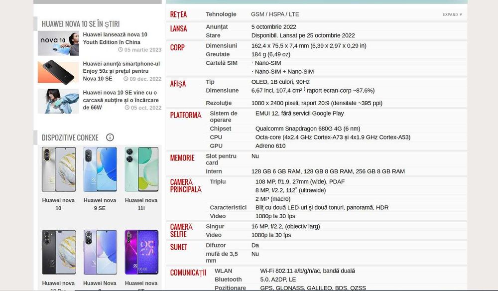 Telefon HUAWEI nova 10 SE, 128GB, 8GB RAM, Dual SIM, Starry Black