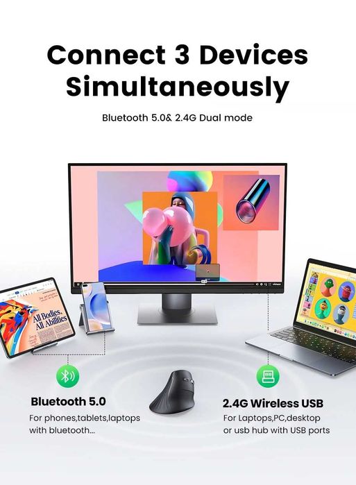 UGREEN Вертикальная беспроводная мышь Bluetooth 5.0
