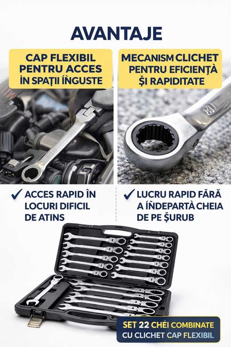 Set 22 Chei Combinate cu Clichet Cap Flexibil 6-32mm Profesional
