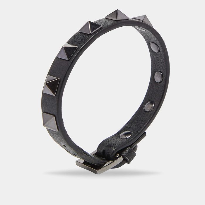Valentino кожена гривна - Valentino Garavani Rockstud Leather and Ruthenium Bracelet - Black
