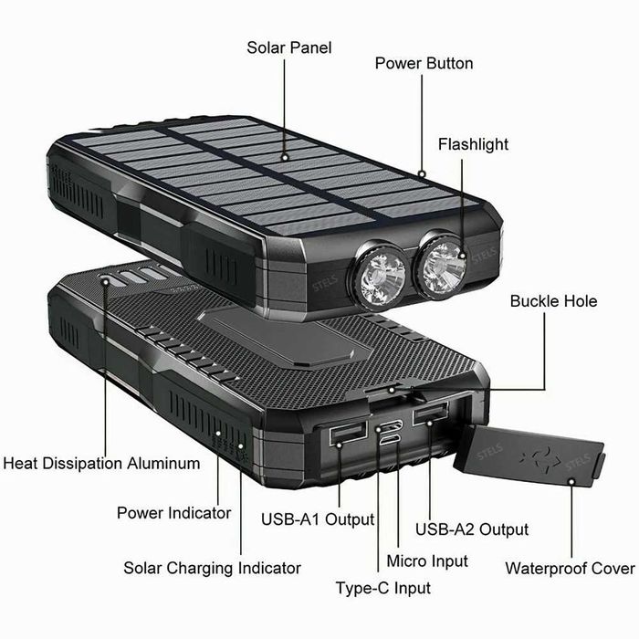 Преносима батерия STELS SolarPro 16K, PowerBank 16000mAh, Led фенер