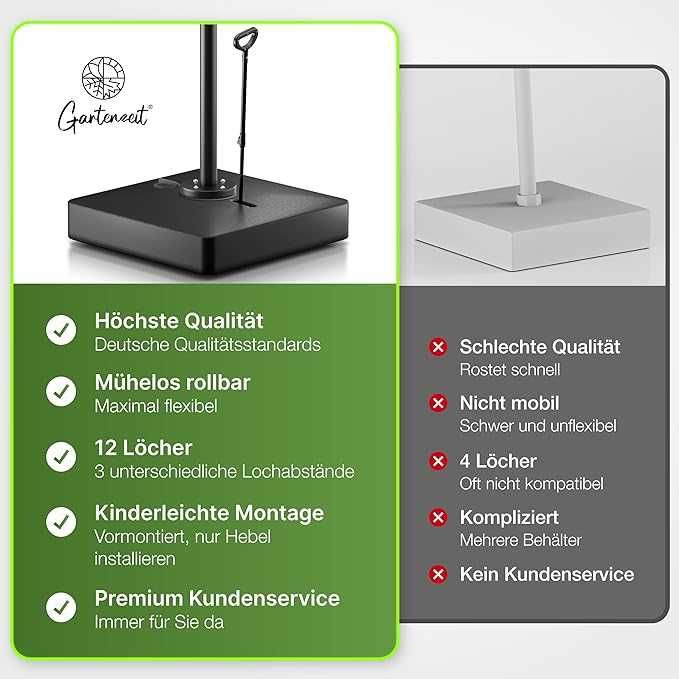 Стойка за чадър Gartenzeit®, пълнителна, 162 кг, размери 84 x 84 x 21 см