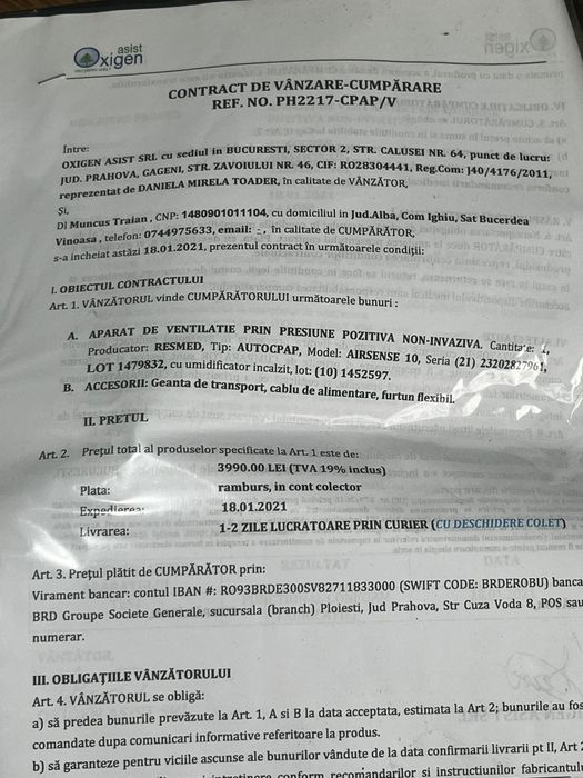 Aparat de respirat pentru  apnee