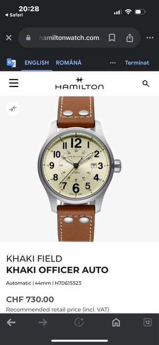 Vând ceas Hamilton Khaki Officer Automatic, 44 mm