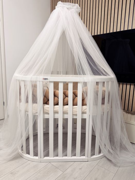 Patut bebe oval Marvis 9 in 1 alb + saltea + baldachin cadou