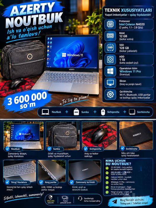 Sarlavha:
Azerty noutbuk 12GB RAM | 128GB SSD + 1TB HDD | Sumka + sich