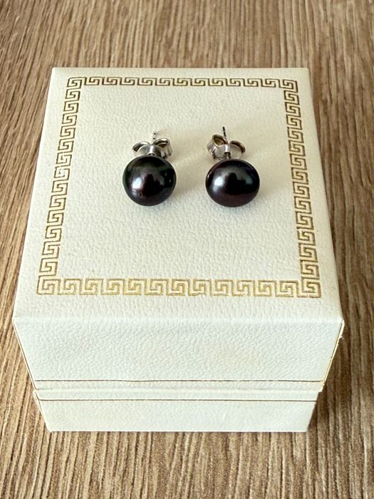 Cercei Aur Alb 18K Perle Gri inchis/Negre