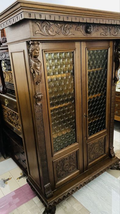 Biblioteca Dulap Lemn Vintage Sculpturi Picioare Gheare Leu