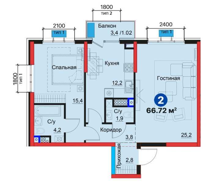 СКИДКА -30%! Янги Узбекистон 2 комн 67.63м² С Кадастром/ПВ-13,661у.е