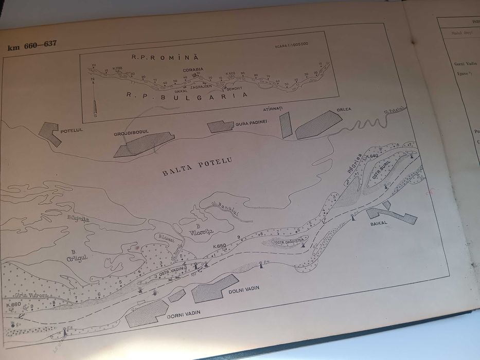 Carte veche tematica marinăresca, Harta rutiera a Dunării de la km 936 la km 500, perioada RPR anii 60, de colectie,Navigație Fluviala NAVROM