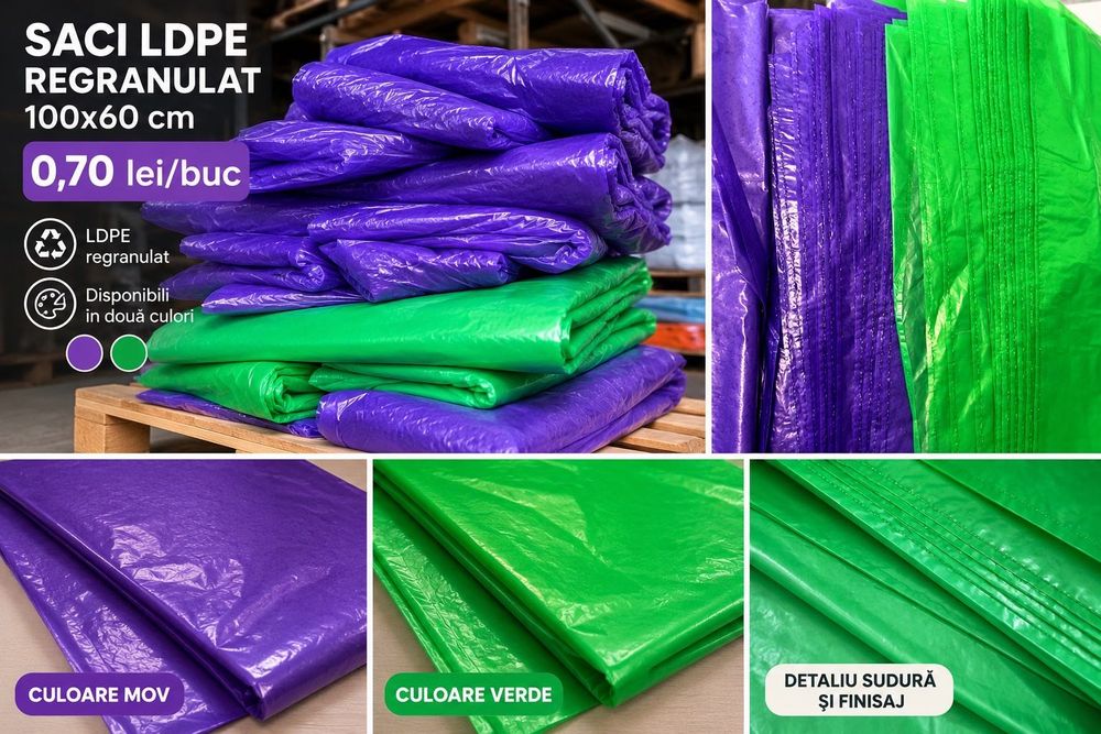 Saci LDPE regranulat 100x60 cm - mov și verzi - 0,70 lei/buc